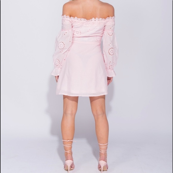 Broderie Lace Puff Sleeve Lace Pink Mini Dress - Picture 4 of 5